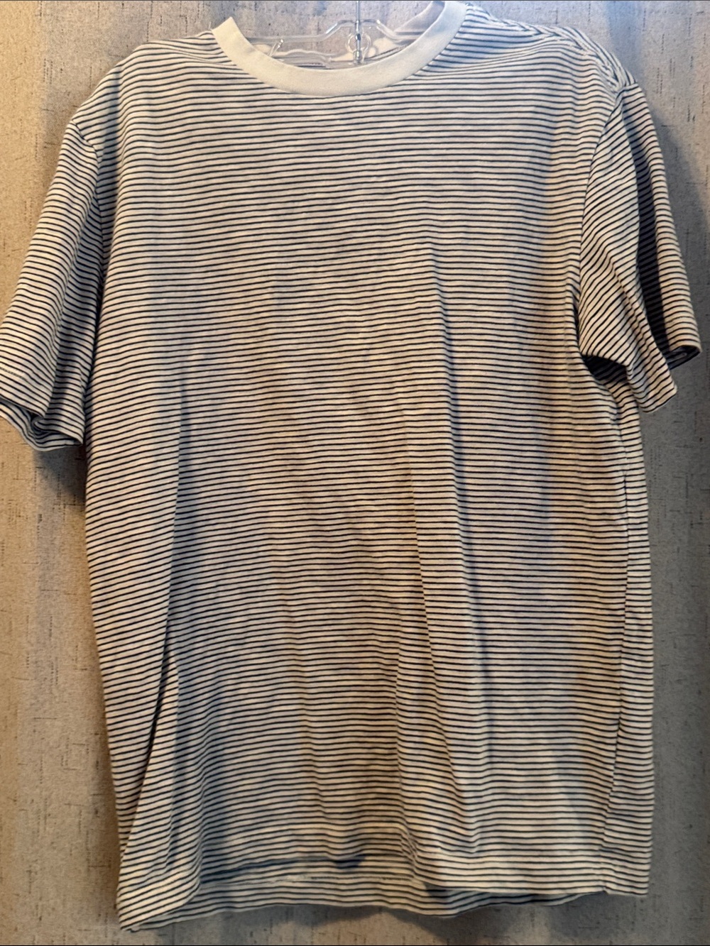 American Eagle White Tee with Thin Navy Stripes